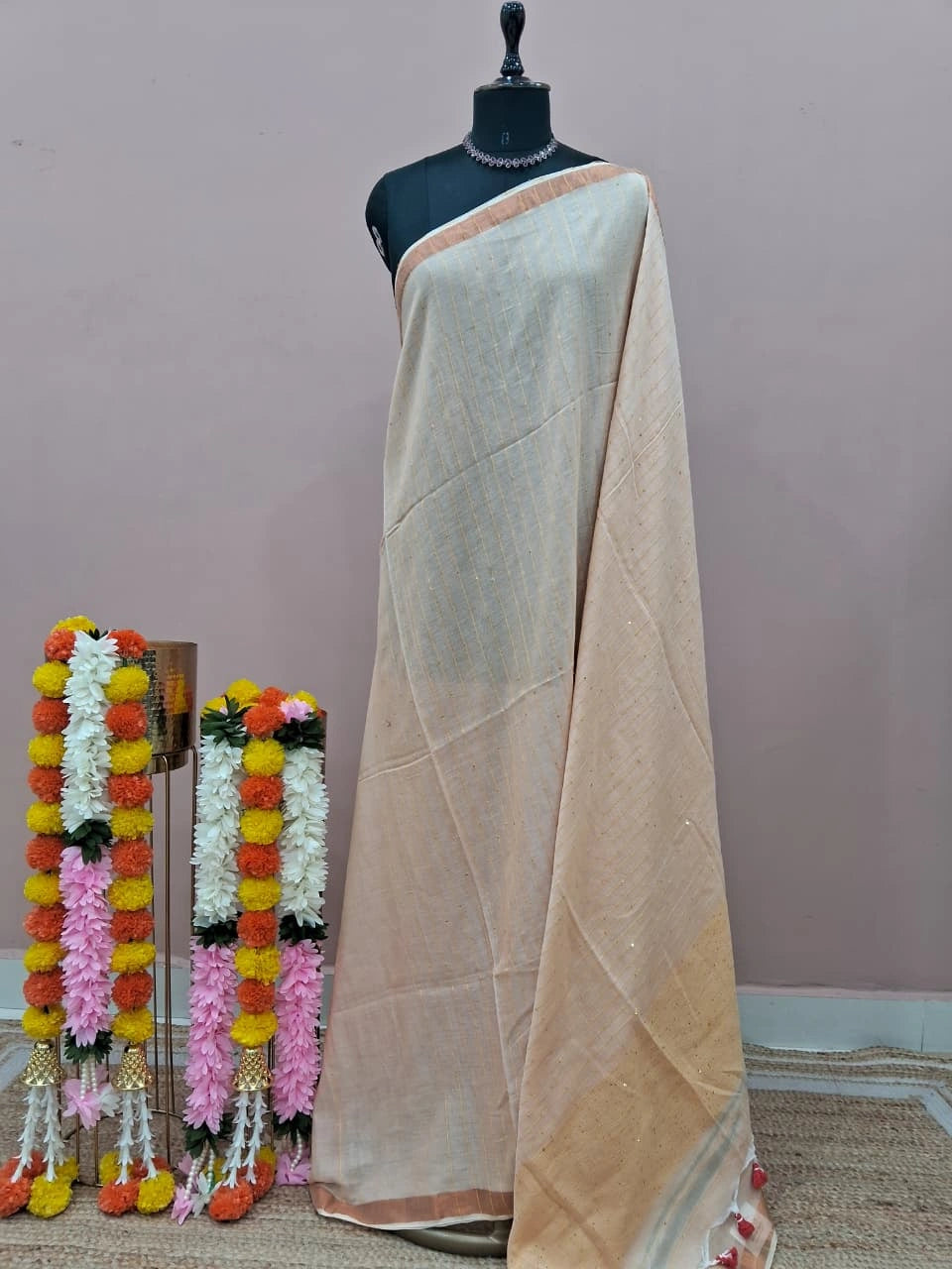 Cream Mulmul Cotton Saree
