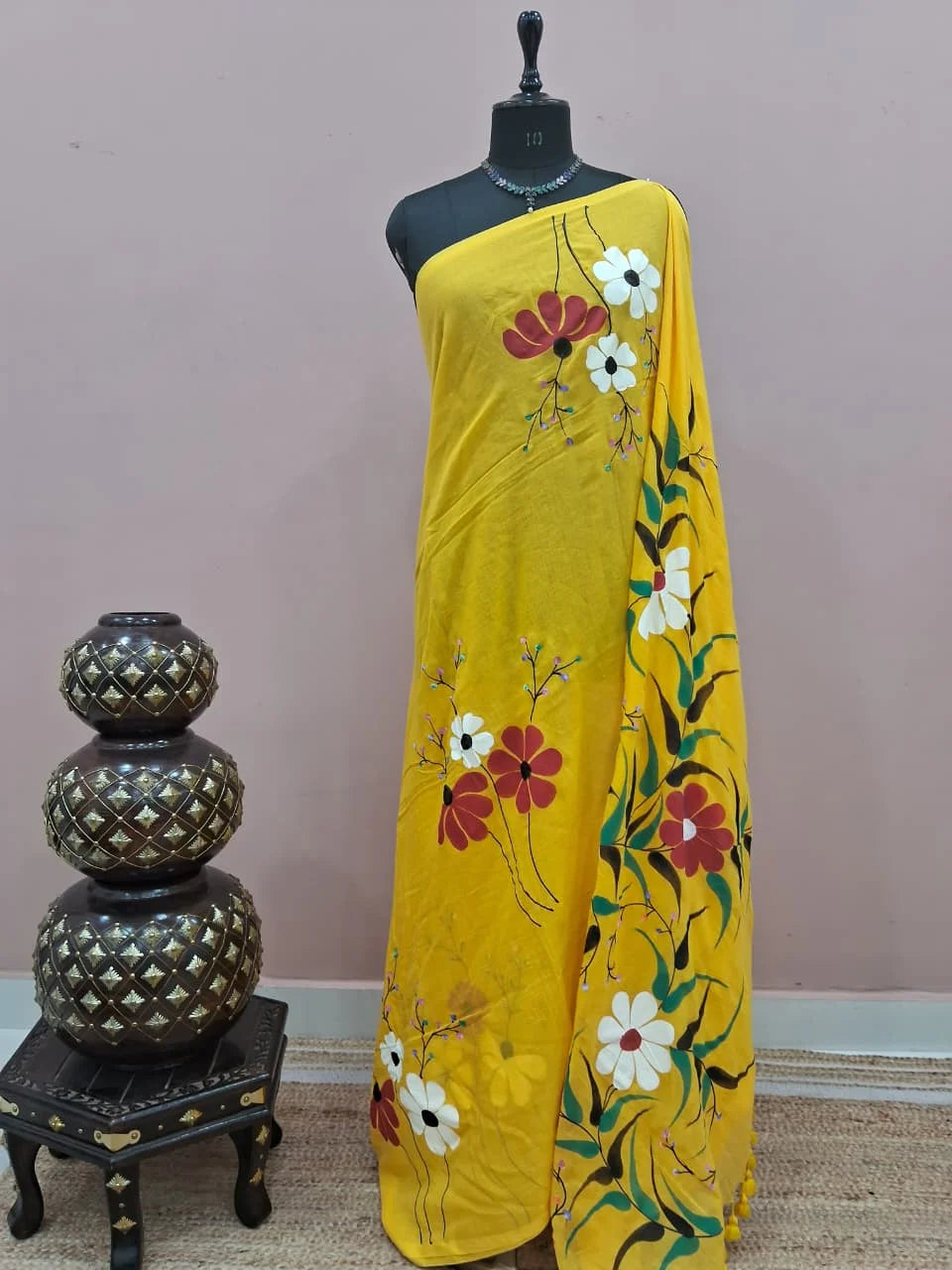 Mango Yellow Mulmul Cotton Saree