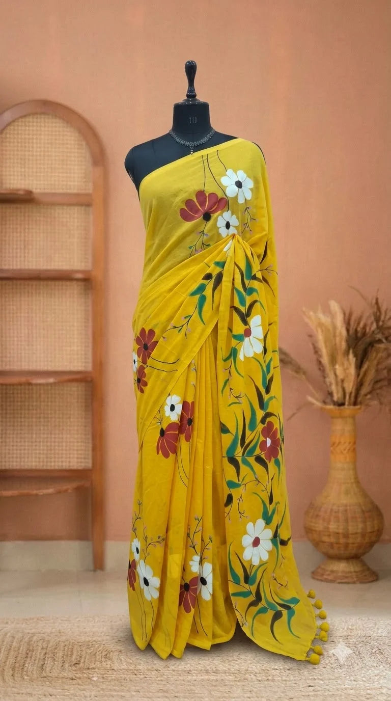 Mango Yellow Mulmul Cotton Saree