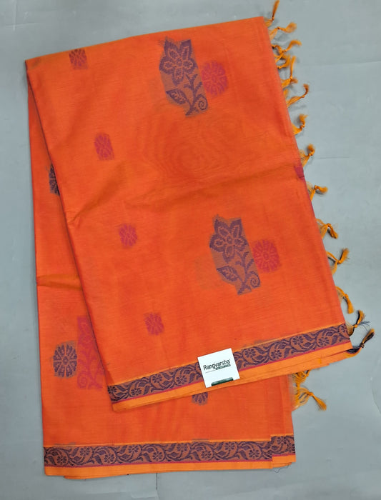 Dark Orange Korvai Kanchi Cotton Saree