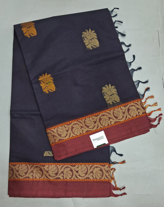 Dark Walnut Brown Korvai Kanchi Cotton Saree