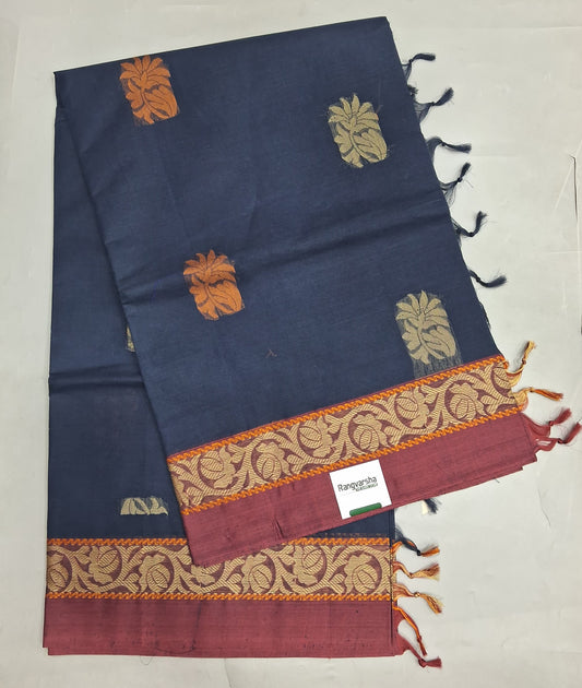 Dark&nbsp; Blue Korvai Kanchi Cotton Saree 