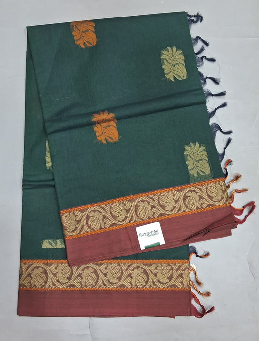 Bottle Green Korvai Kanchi Cotton Saree 