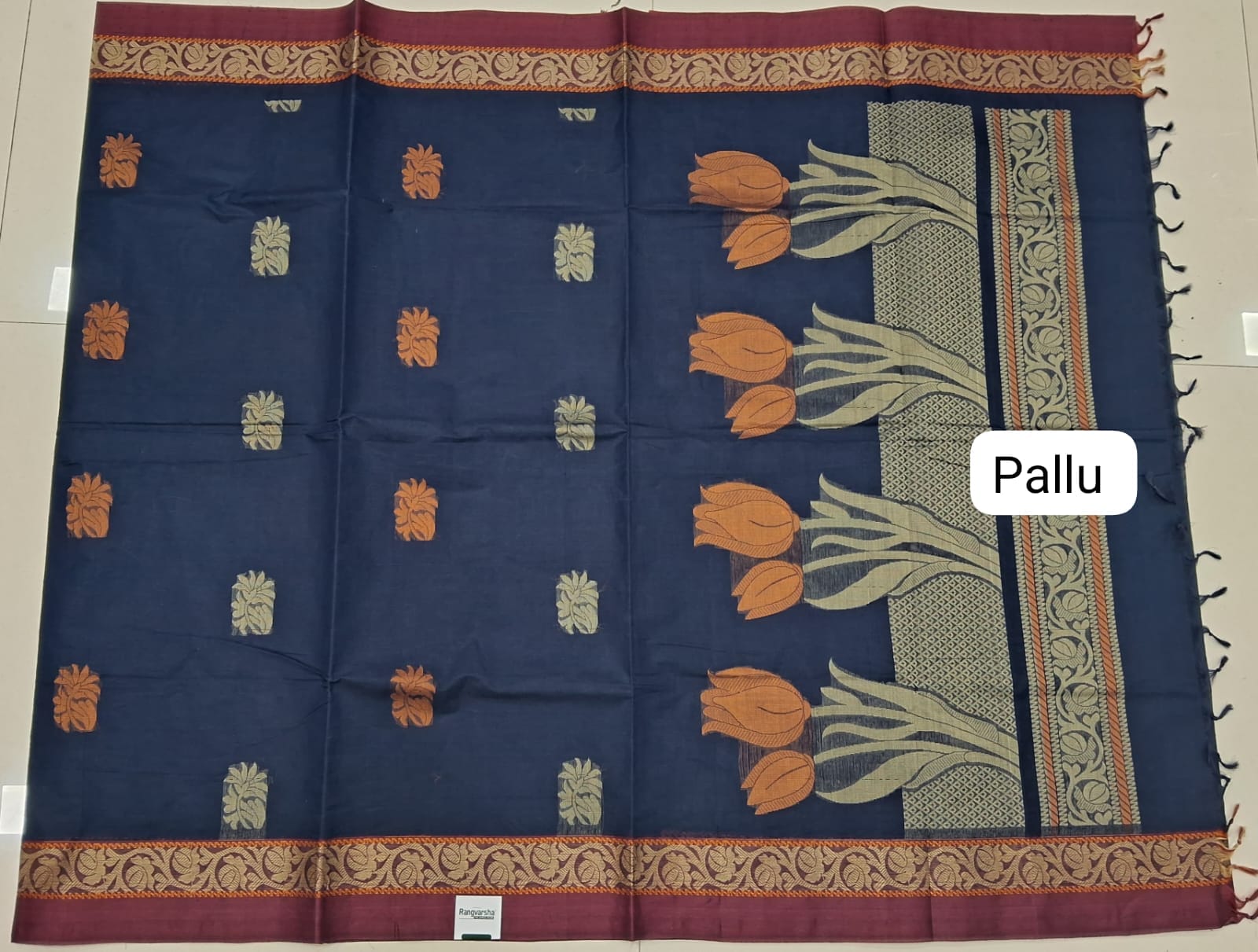 Dark&nbsp; Blue Korvai Kanchi Cotton Saree Pallu