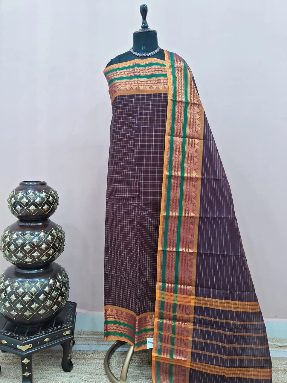 Walnut Brown checked Kanchi Cotton Dress Material