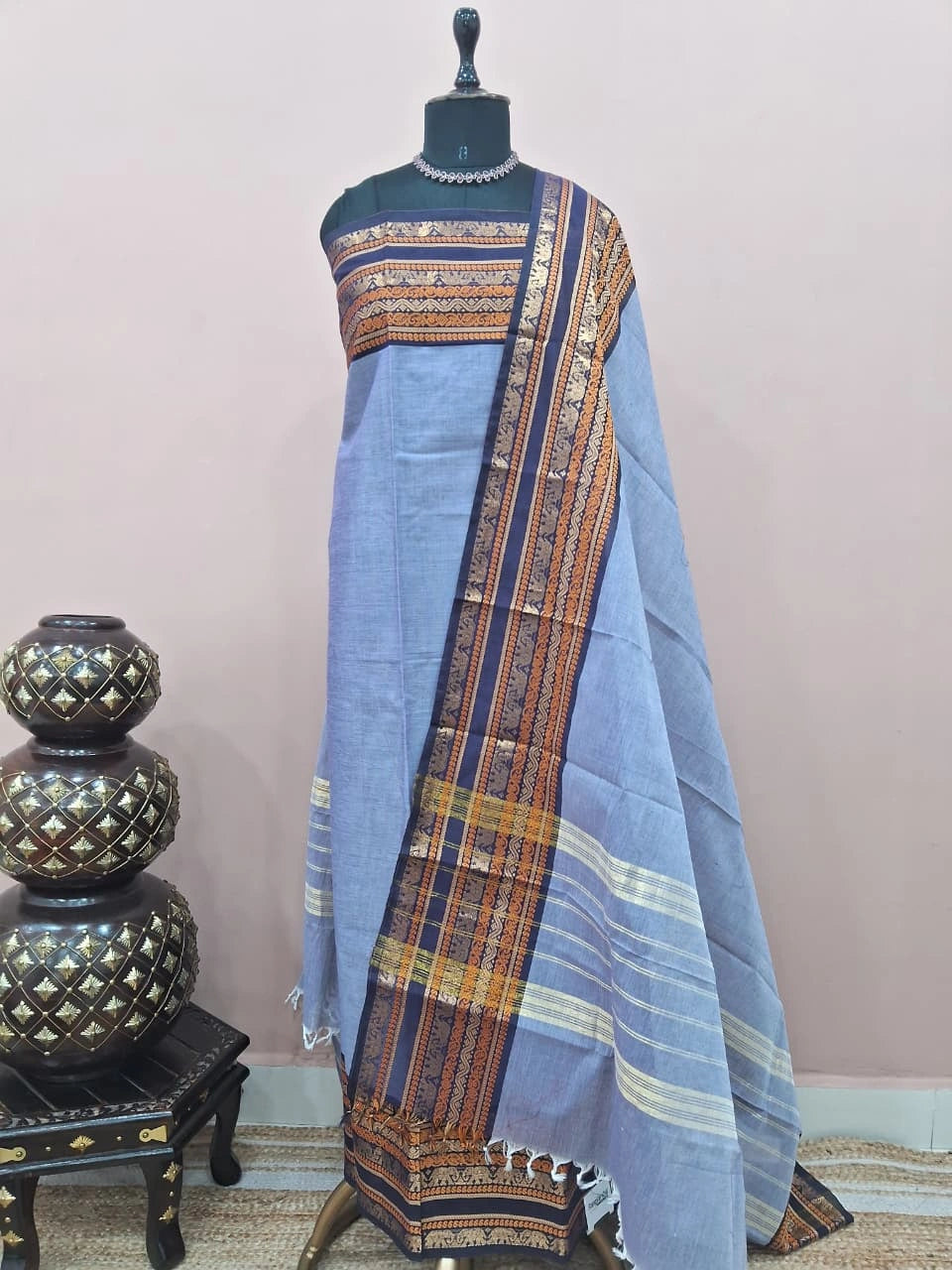 Slate Blue plain Kanchi Cotton Dress Material 
