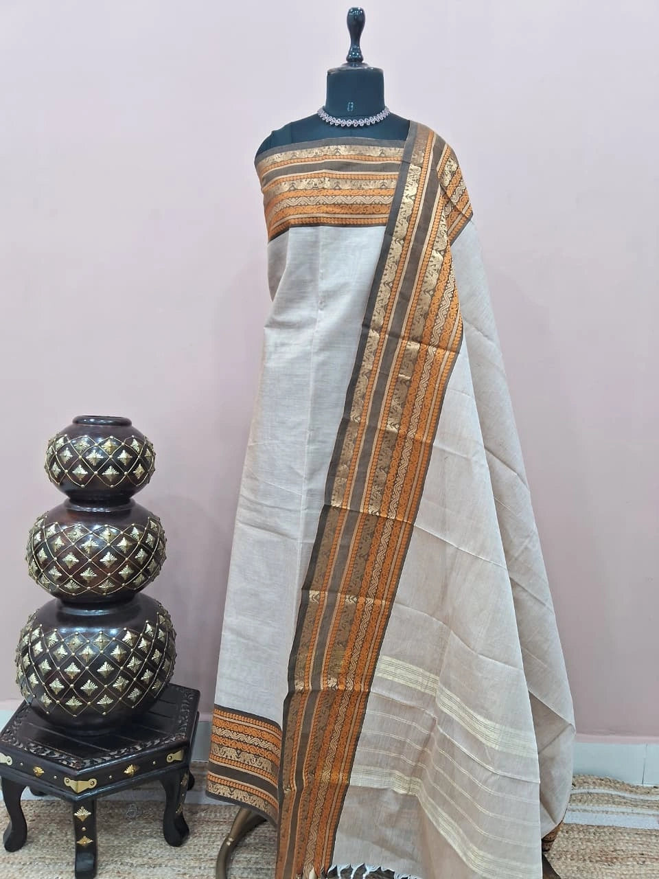 Beige Kanchi Cotton Dress Material 