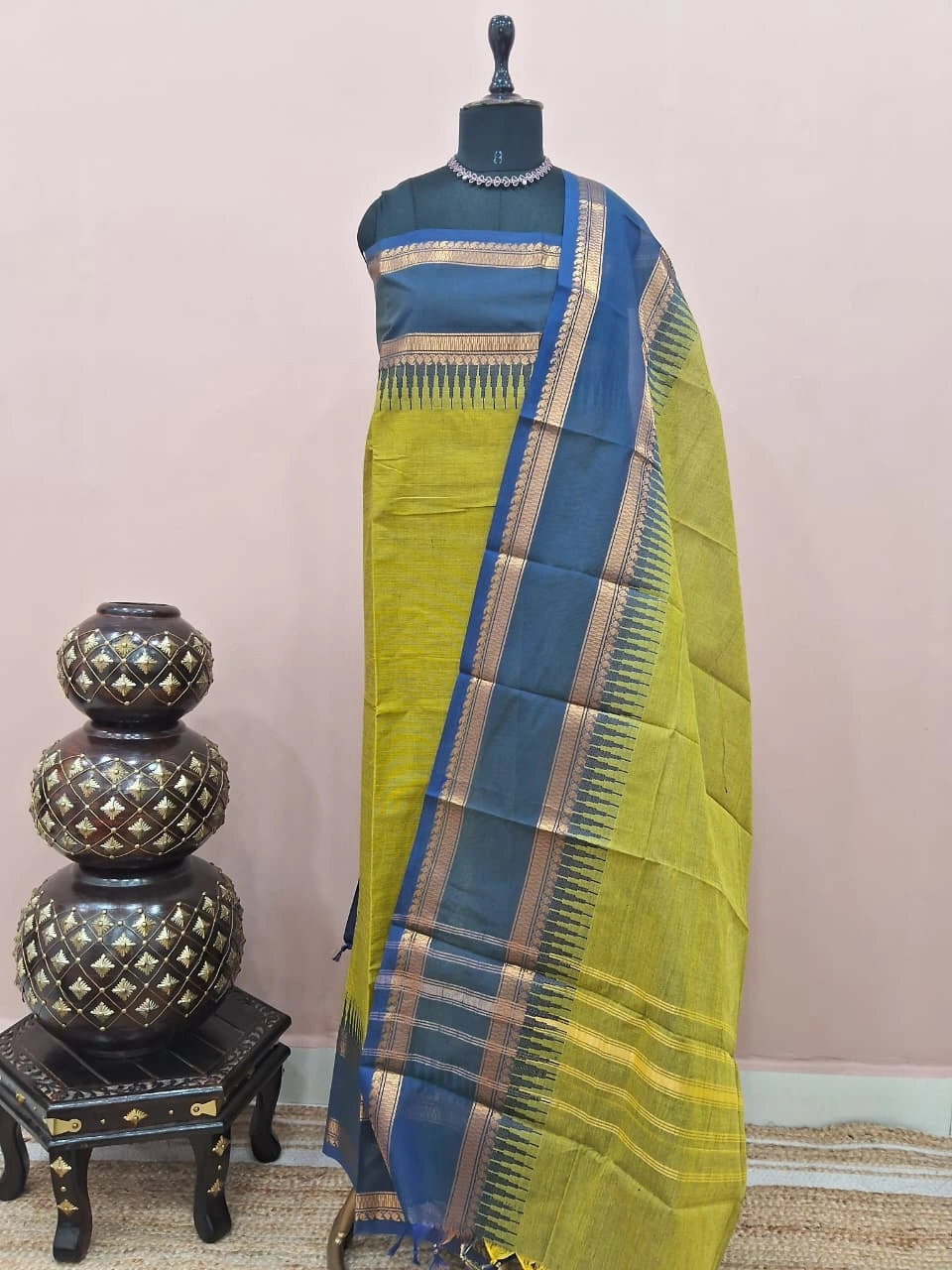 Lime Green Plain Kanchi Cotton Dress Material 