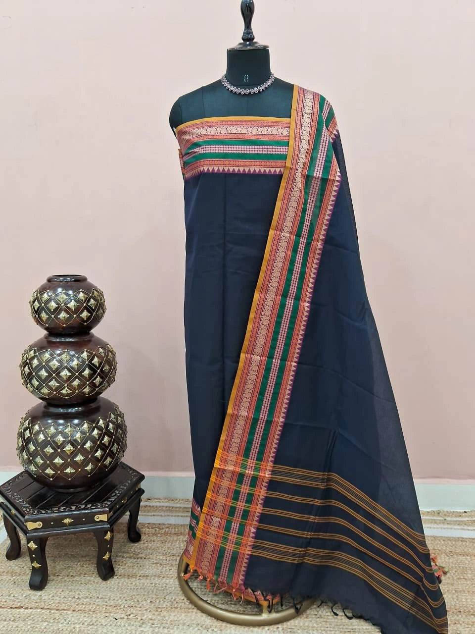 Black Kanchi Cotton Dress Material 