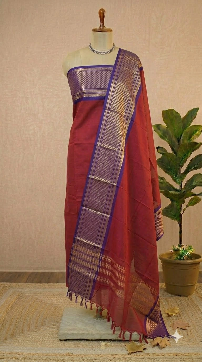 Brick Red Kanchi Cotton Dress Material 