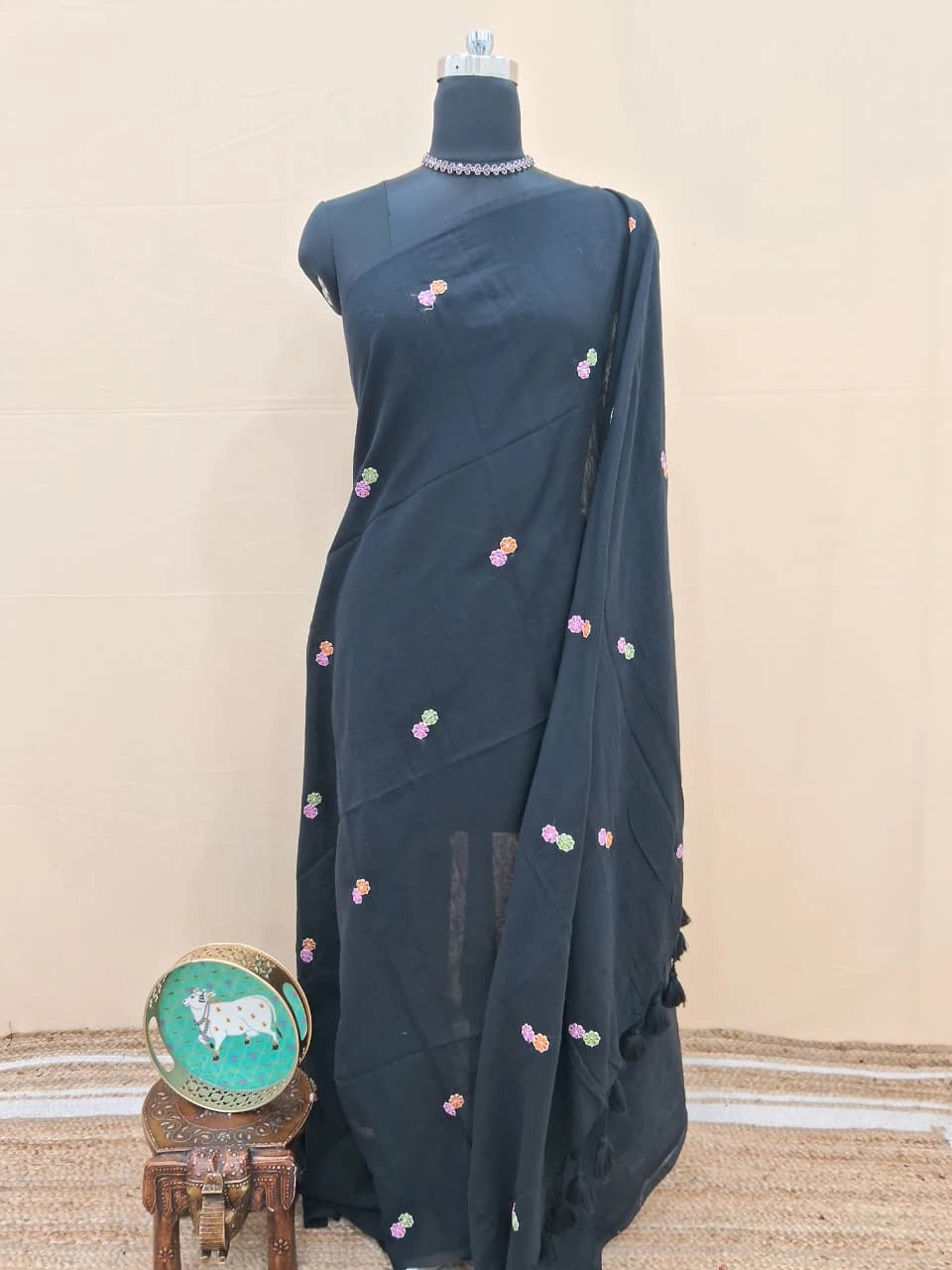 Black Khadhi Mulmul Saree