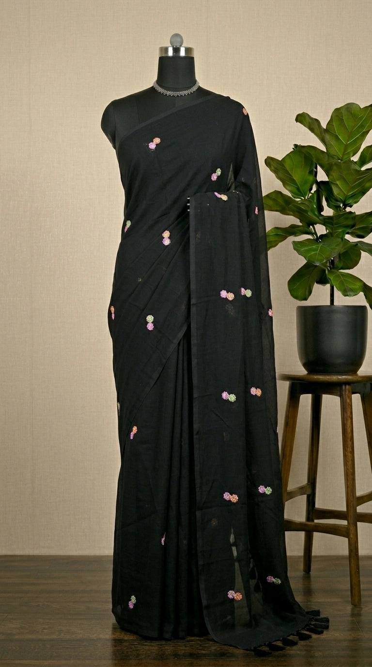 Black Khadhi Mulmul Saree
