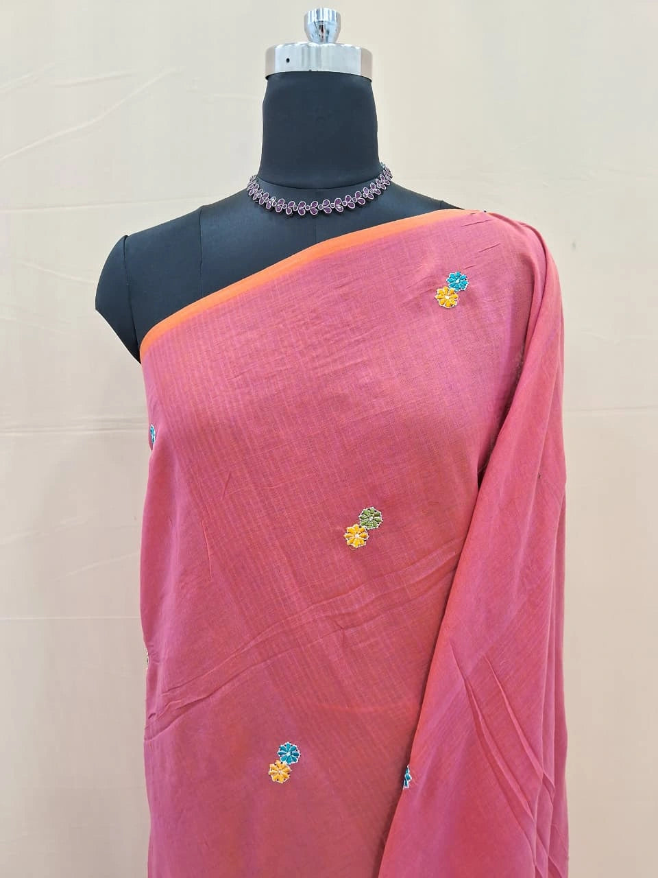 Reddish Pink Khadhi Mulmul Saree 1