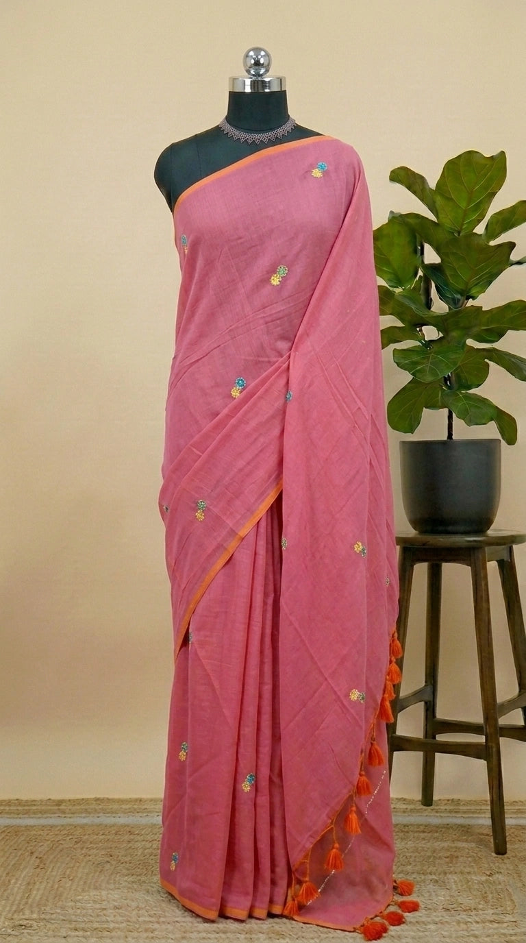 Reddish Pink Khadhi Mulmul Saree