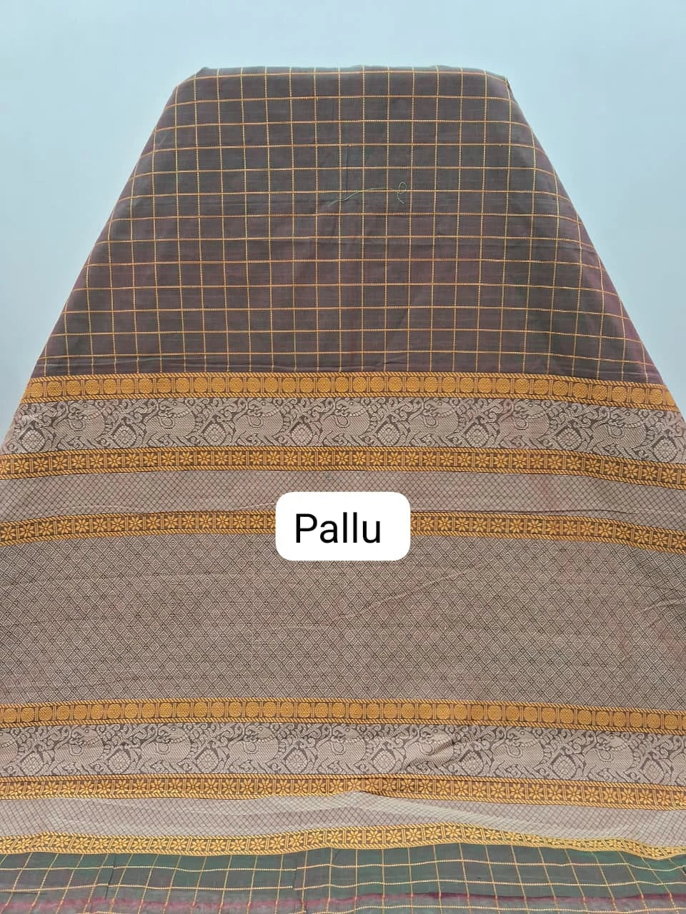 Dark Chocolate Brown Pure Kanchi Cotton Saree Pallu