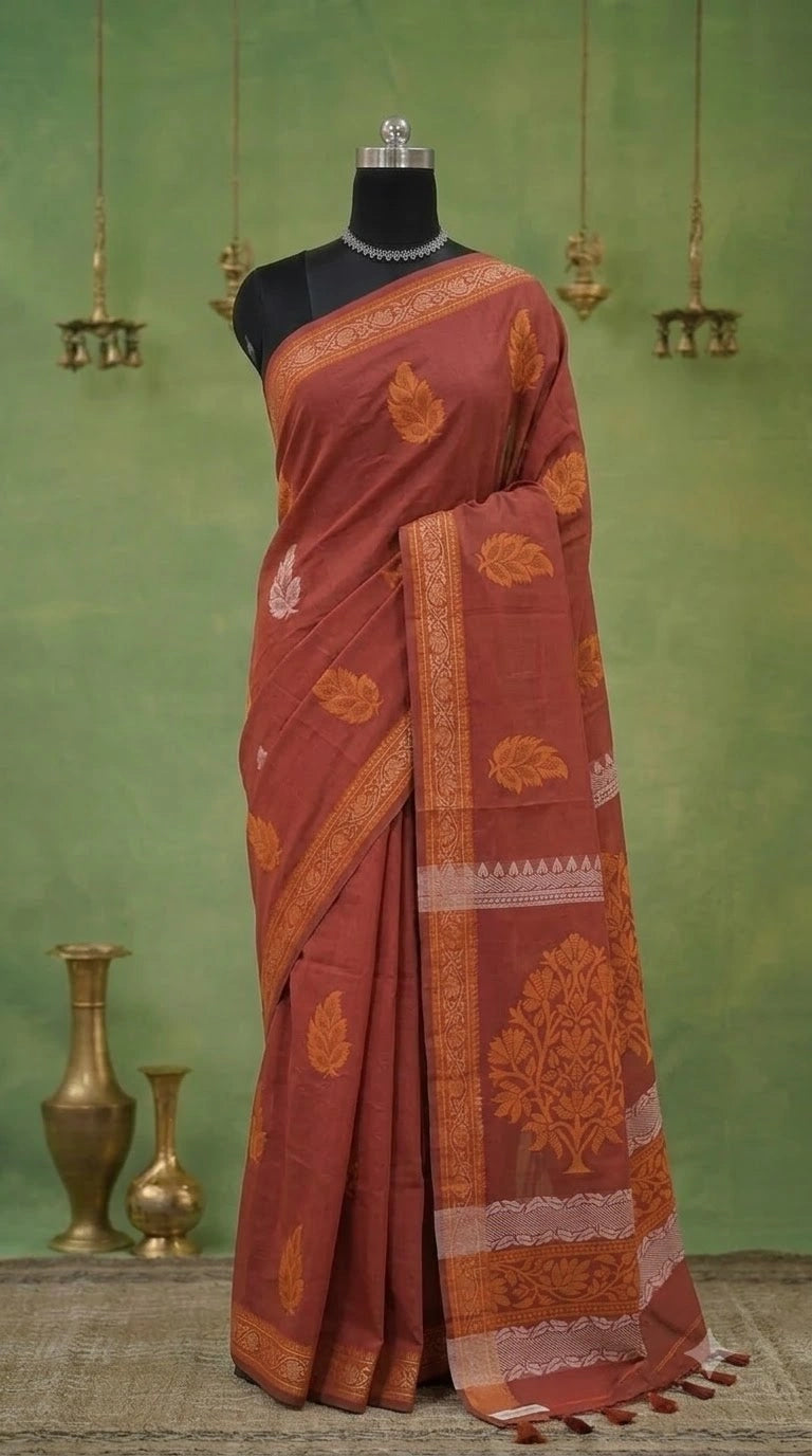 Brick Red Kanchi Cotton Saree