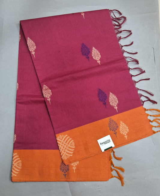 Reddish Pink Korvai Kanchi Cotton Saree 