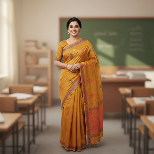 Tangerine Yellow Korvai Kanchi Cotton Saree