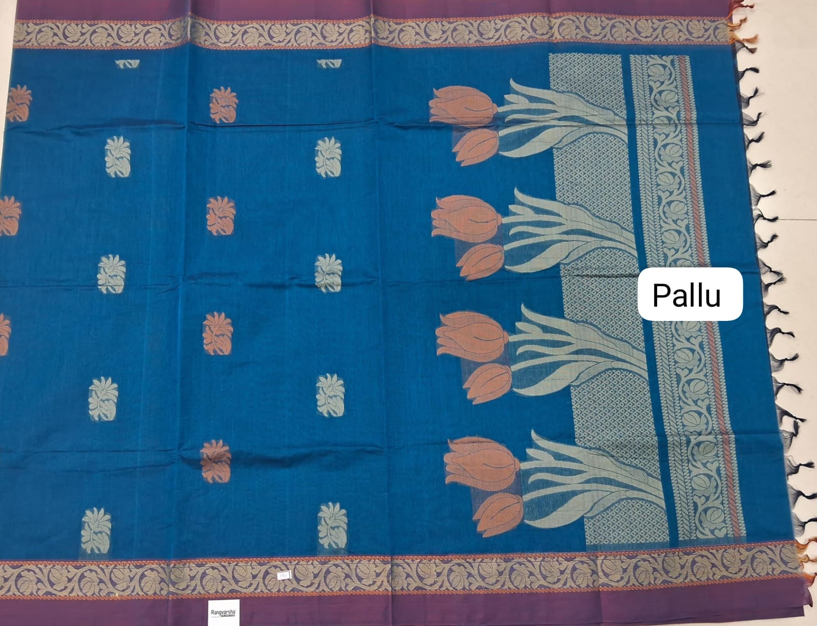 Peacock Blue Korvai Kanchi Cotton Saree pallu