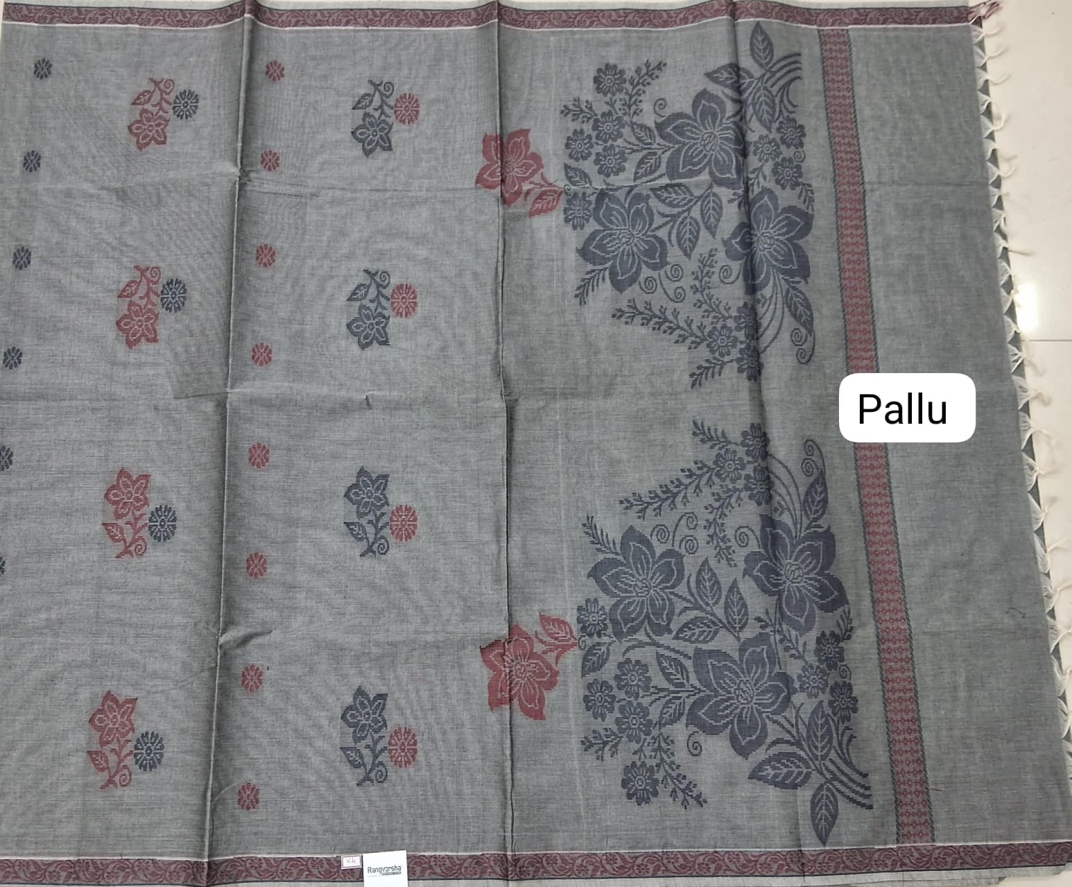 Elephant Grey Korvai Kanchi Cotton Saree  pallu