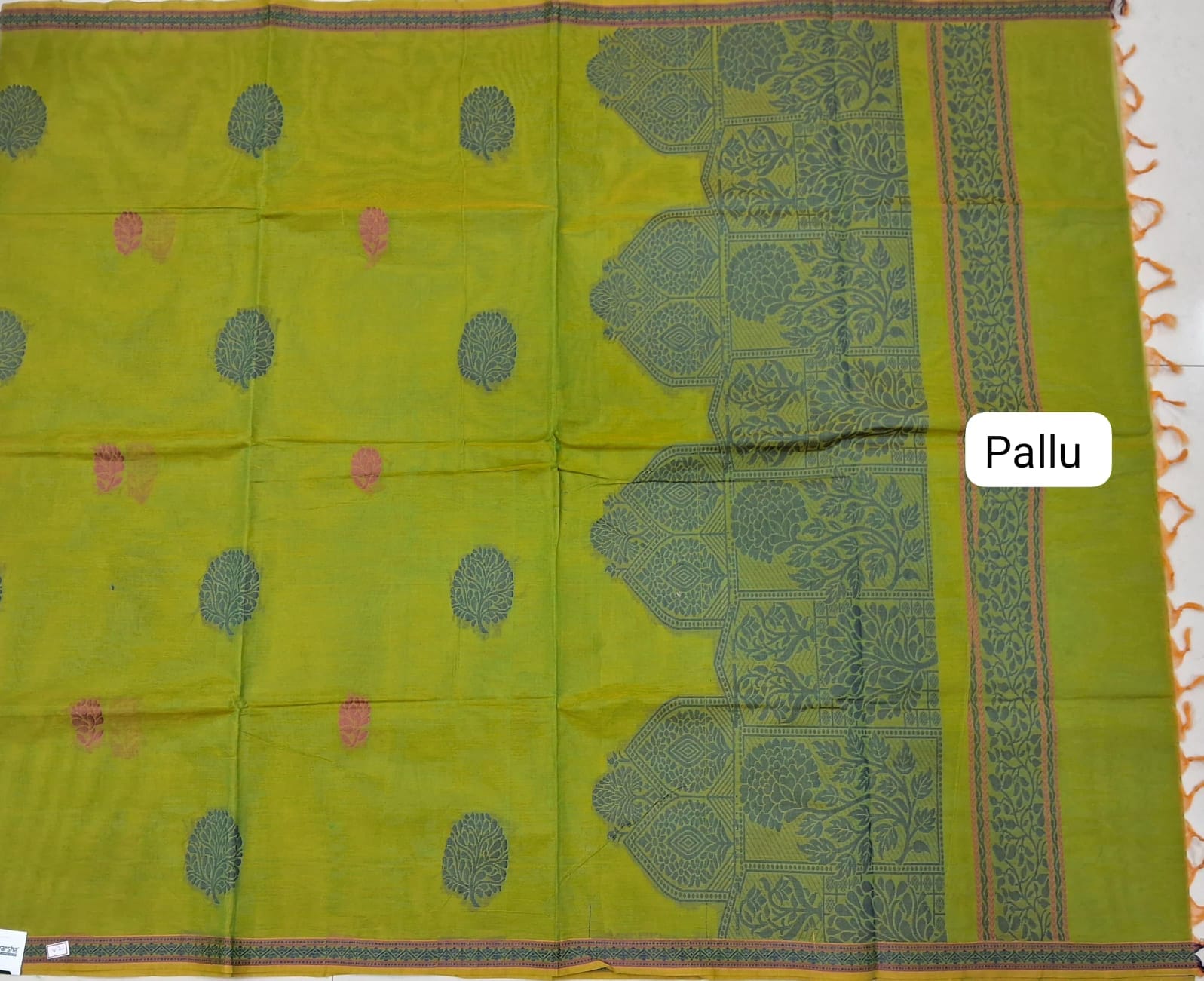 Bright Green Korvai Kanchi Cotton Saree pallu