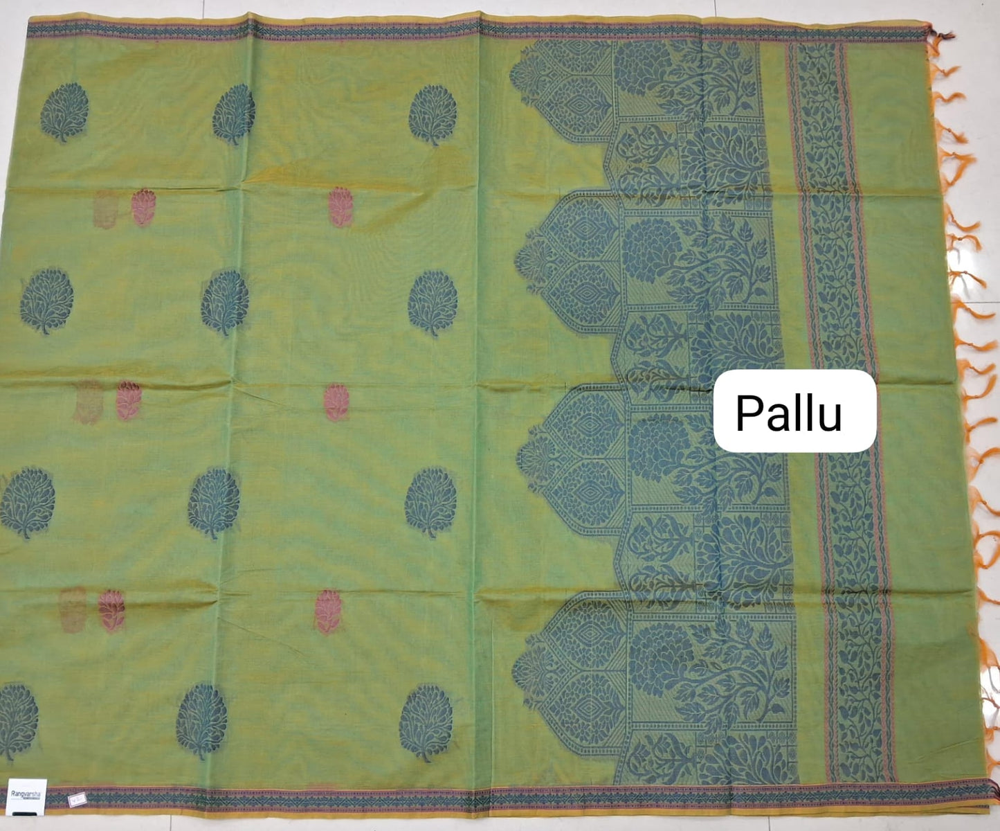 Bright Green Korvai Kanchi Cotton Saree  pallu