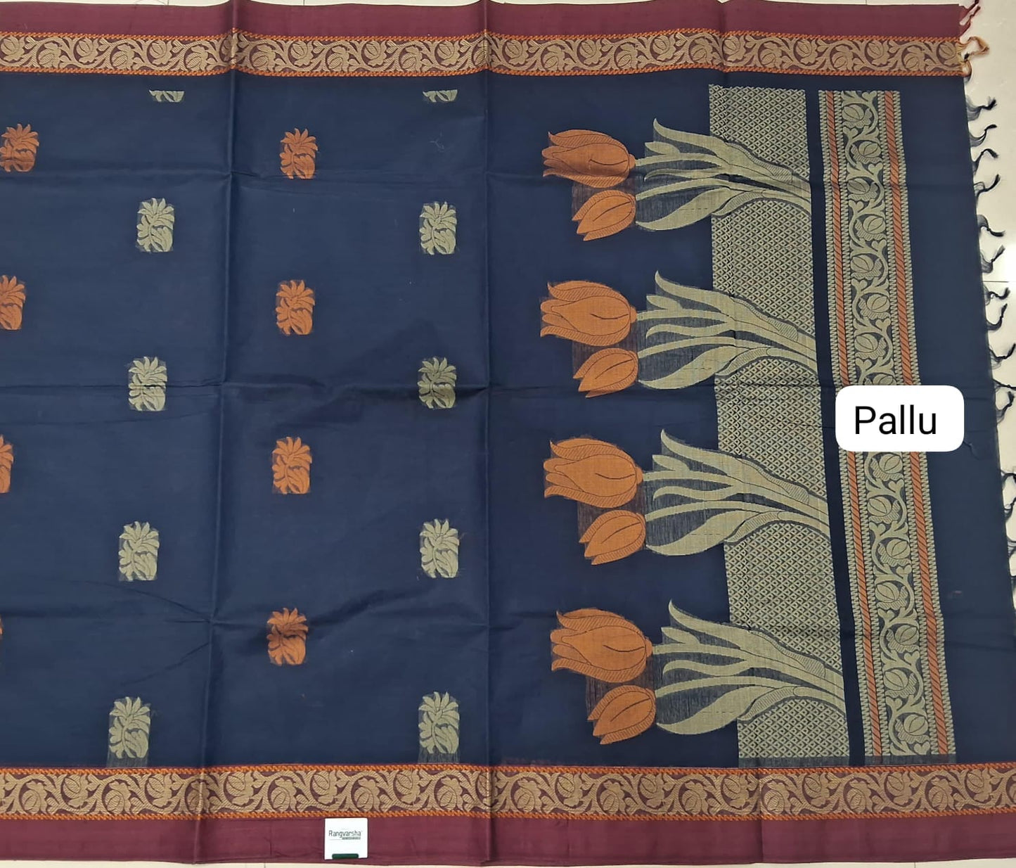 Dark Blue Korvai Kanchi Cotton Saree pallu