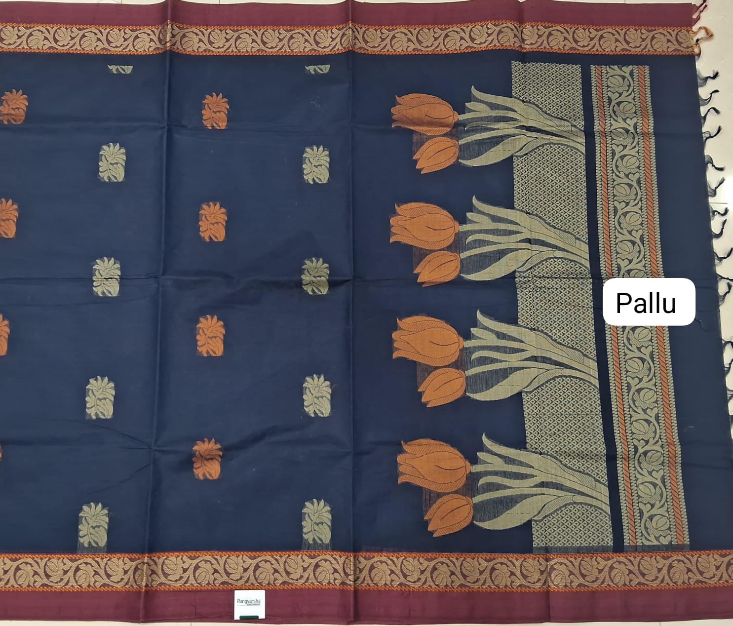 Dark Blue Korvai Kanchi Cotton Saree pallu