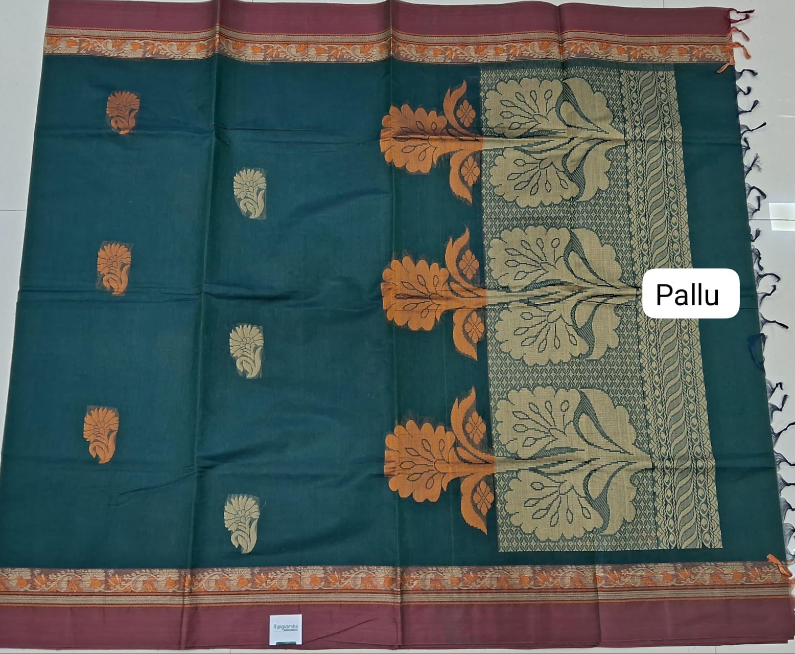 Bottle Green Korvai Kanchi Cotton Saree pallu