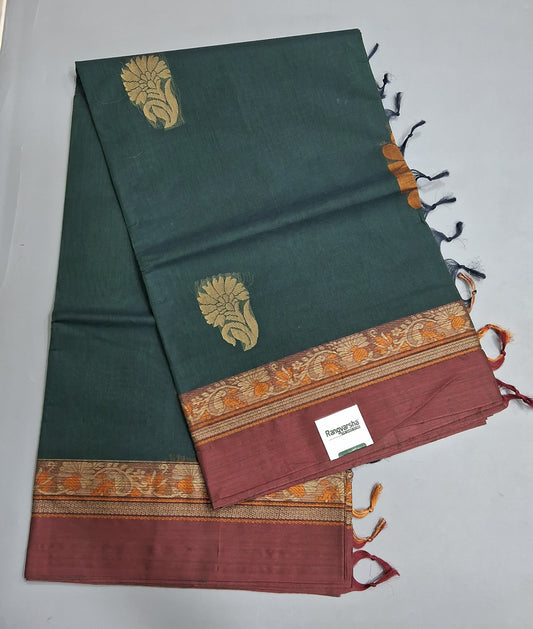 Bottle Green Korvai Kanchi Cotton Saree