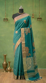 Ocean Teal Blue Kanchi Cotton Saree 1