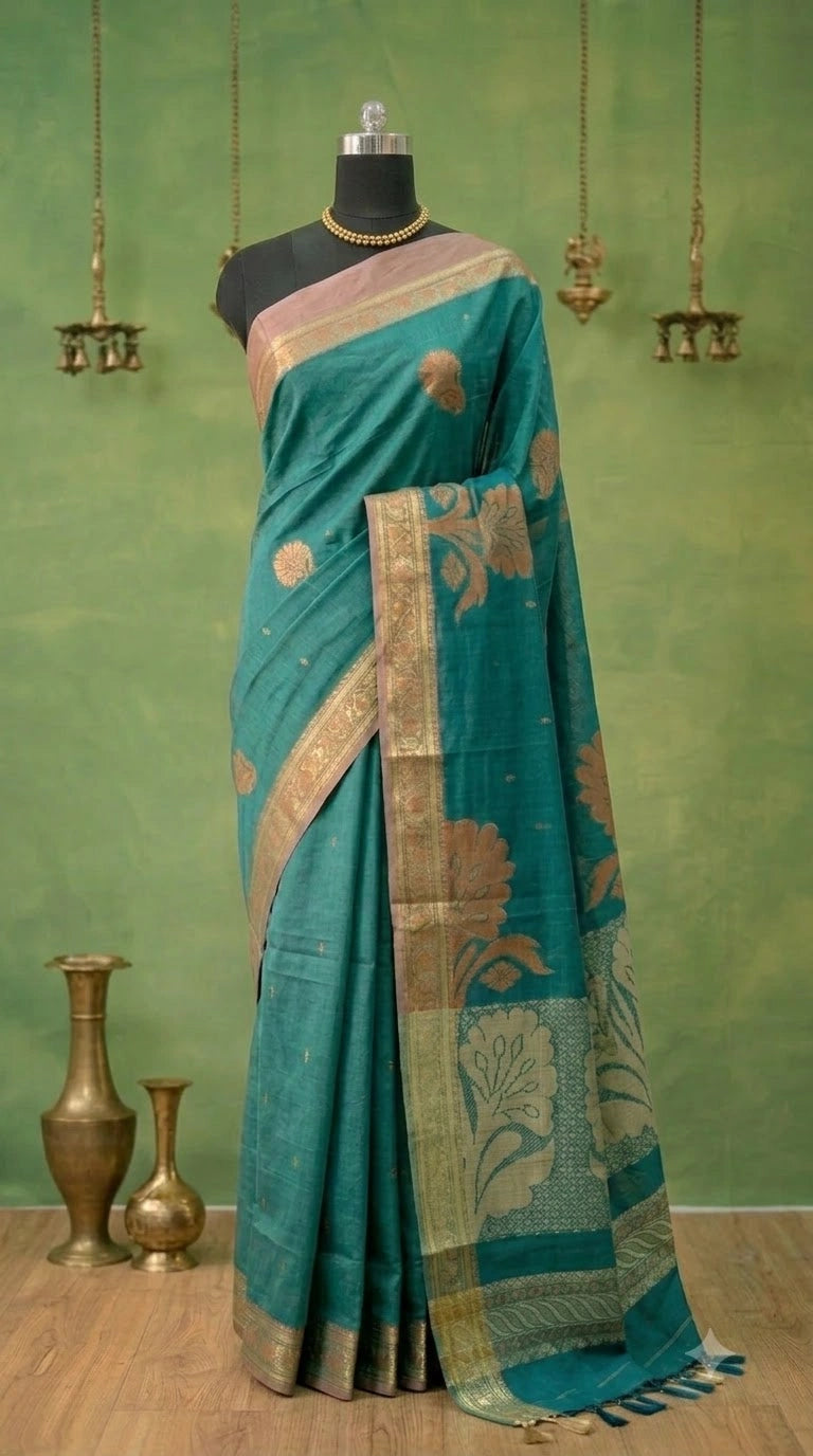 Ocean Teal Blue Kanchi Cotton Saree 1