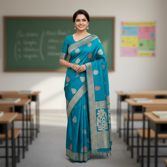Caribbean Blue Kanchi Cotton Saree 