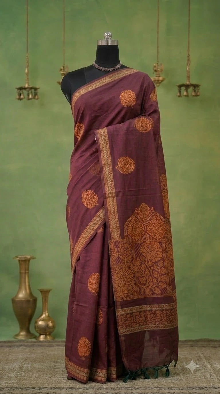 Dark Brown Lightweight Kanchi Cotton Saree 