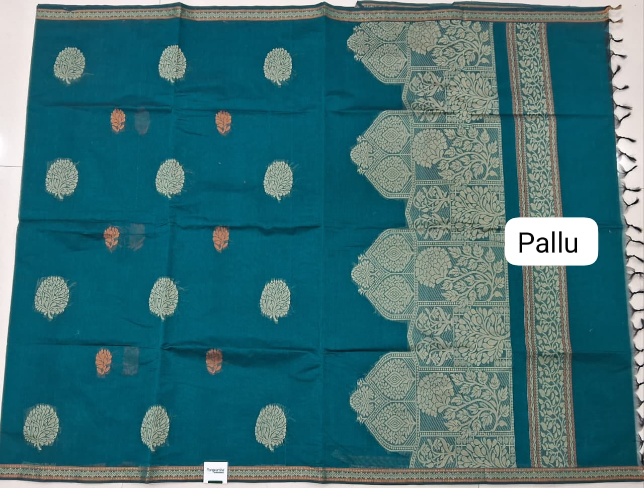 Teal Blue Kanchi Cotton Saree pallu
