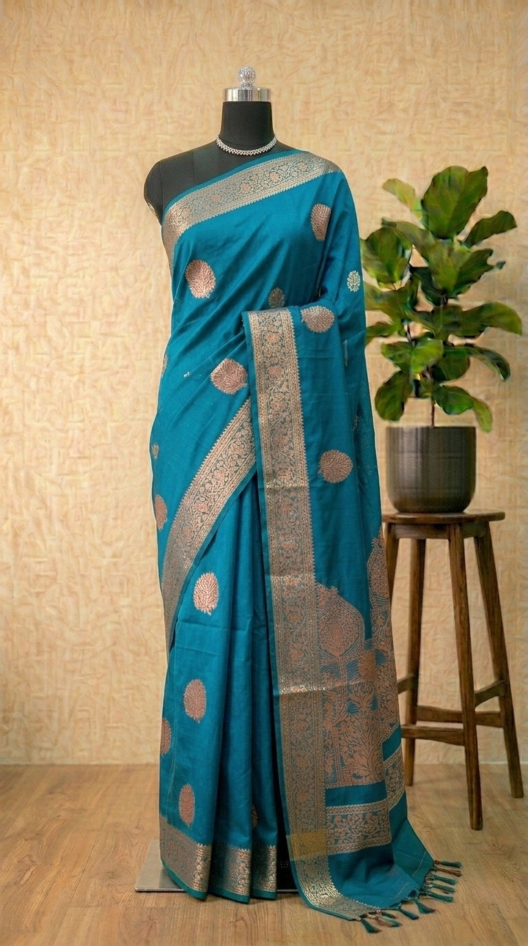 Elegant Caribbean Blue Kanchi Cotton saree