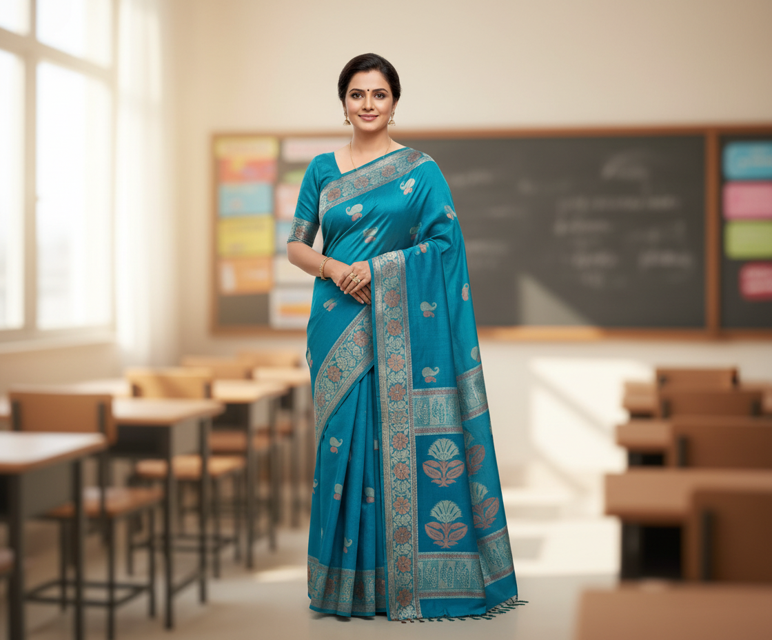 Caribbean Blue Kanchi Cotton Saree 
