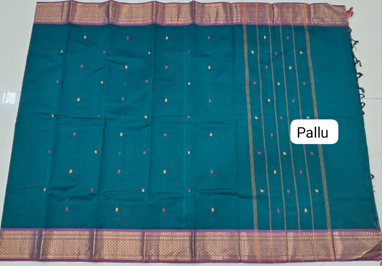 Peacock Blue Kanchi Cotton Saree pallu