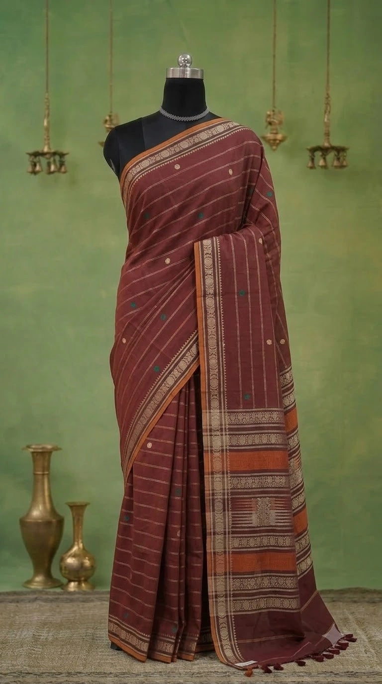 Brick Red Kanchi Cotton Saree 