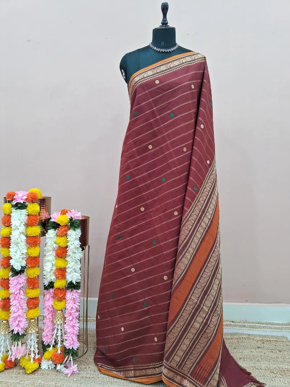 Brick Red Kanchi Cotton Saree 