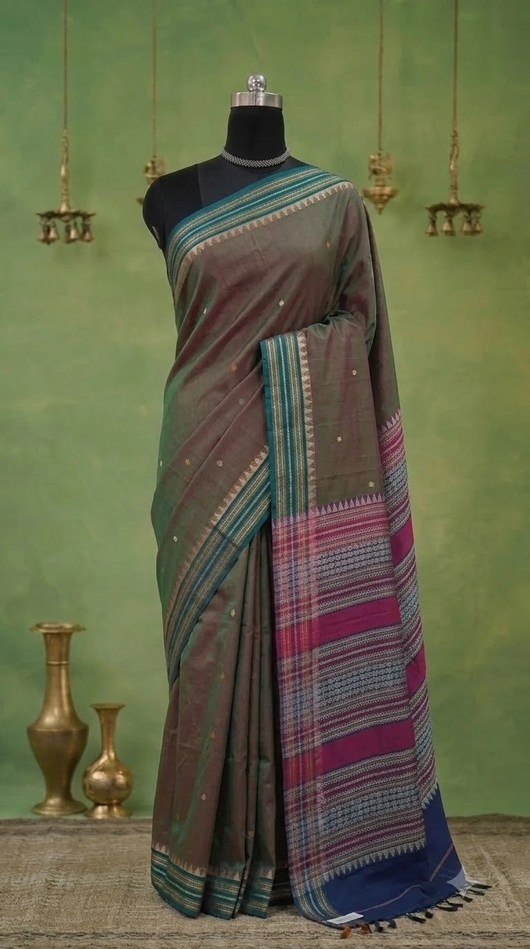 Dual shaded olive green Kanchi Cotton Saree