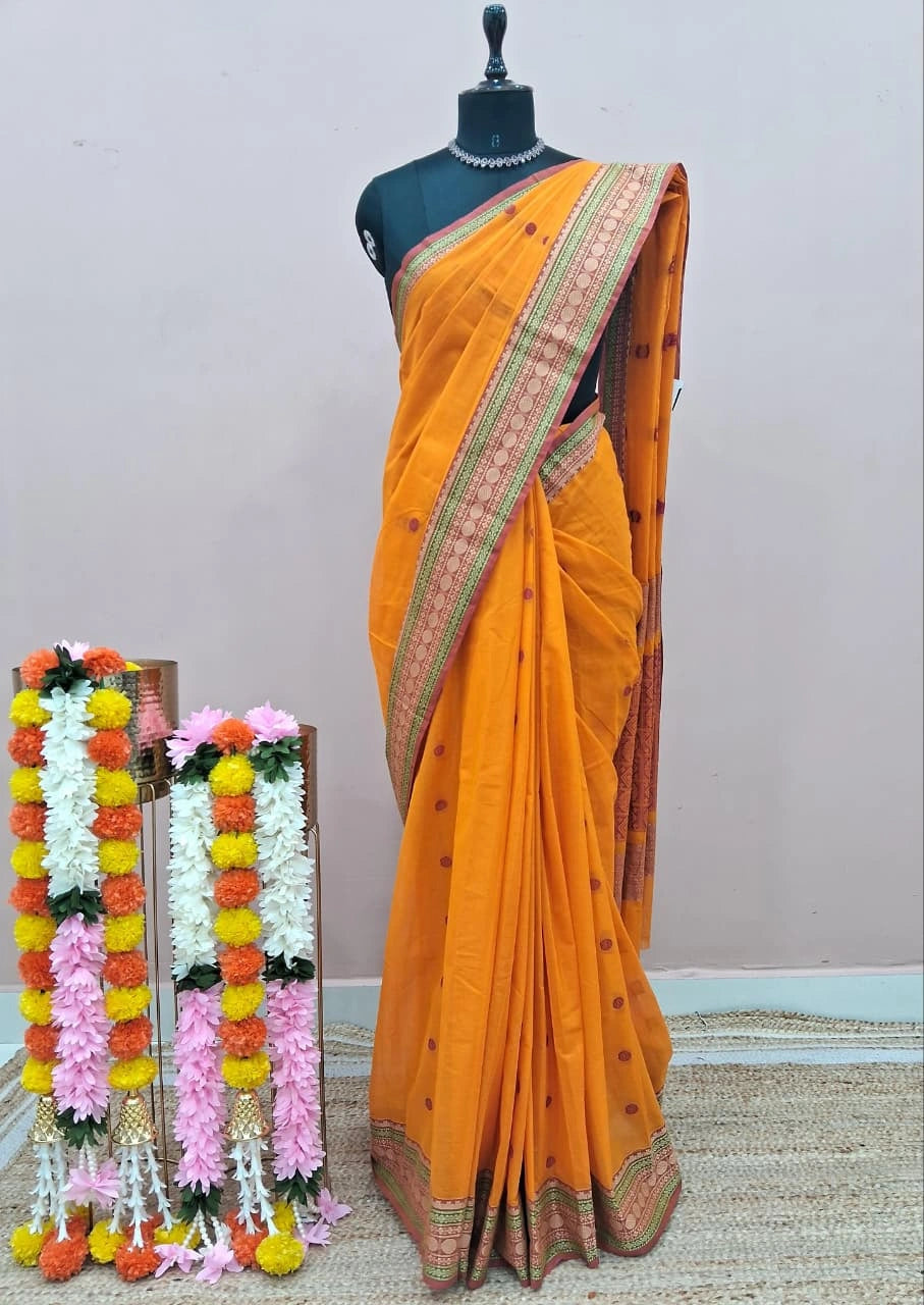 Dark Mango Yellow Kanchi Cotton Saree