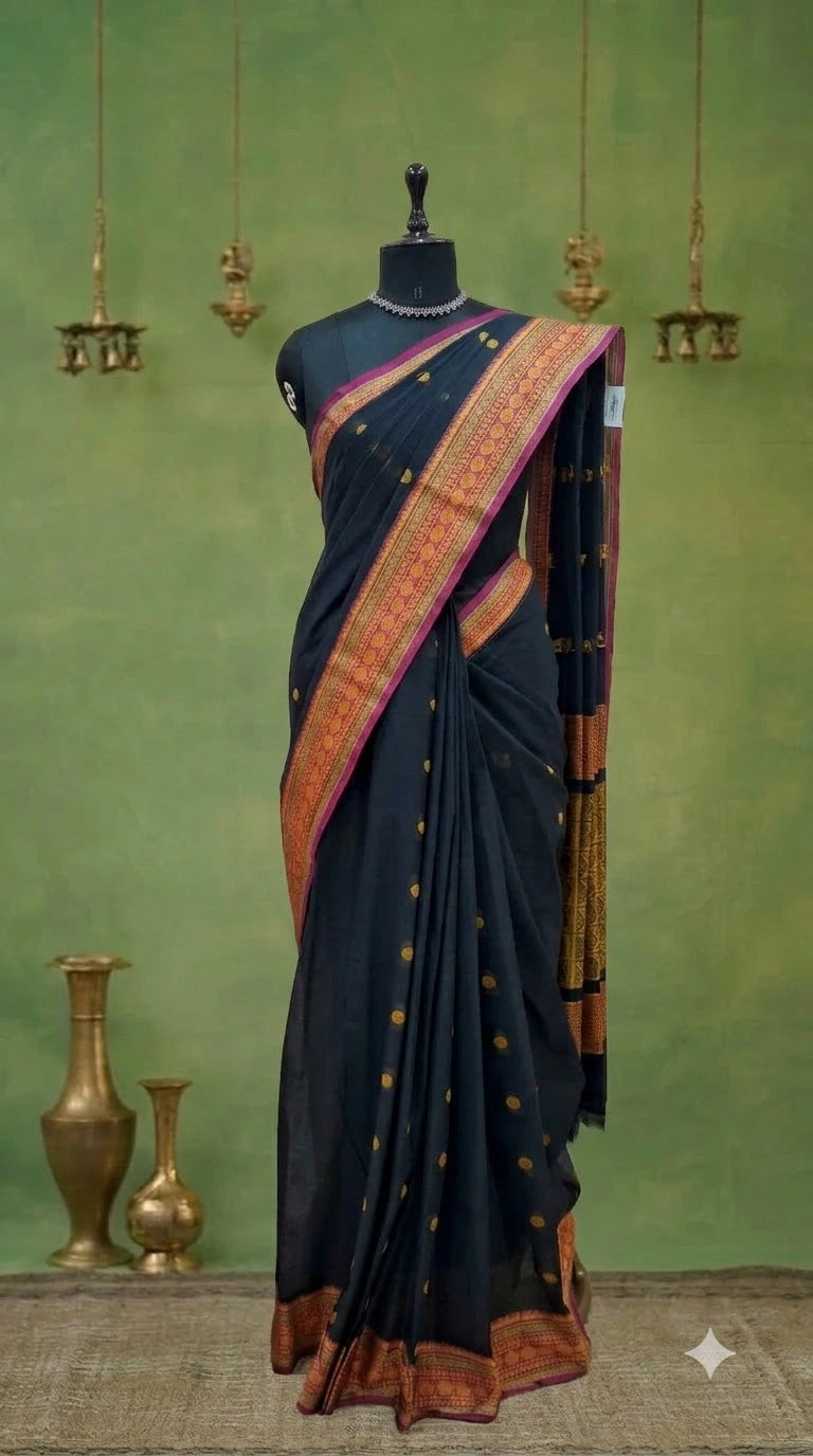 Dark Ink Blue Kanchi Cotton Saree