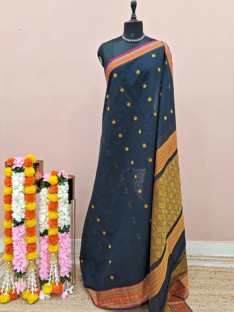 Dark Ink Blue Kanchi Cotton Saree
