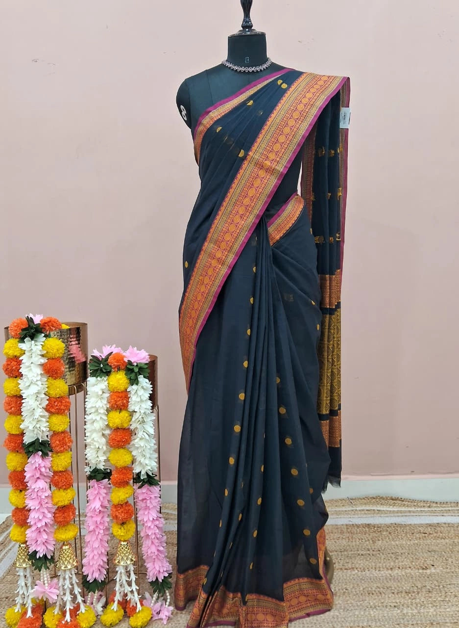 Dark Ink Blue Kanchi Cotton Saree