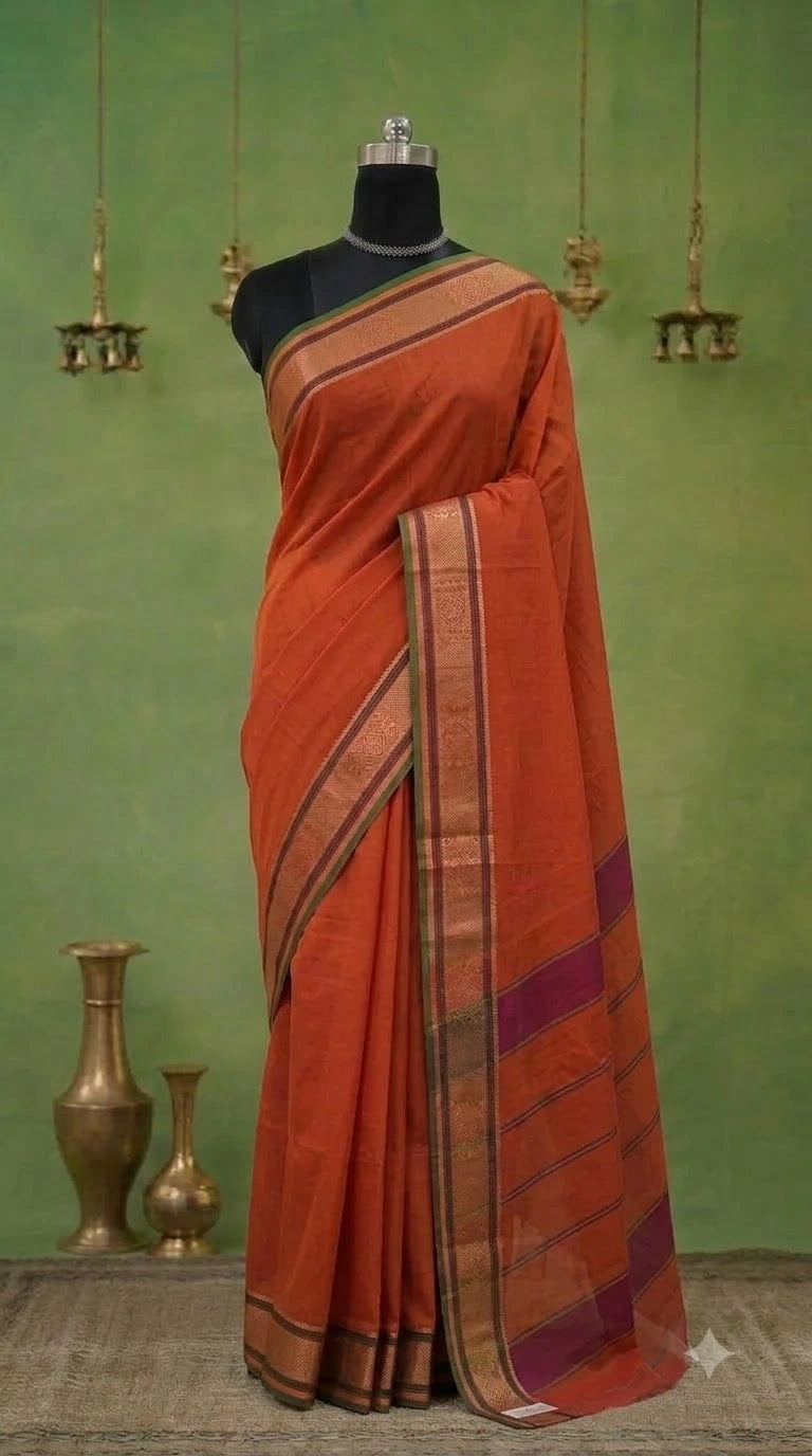 Dark Orange Plain Kanchi Cotton Saree