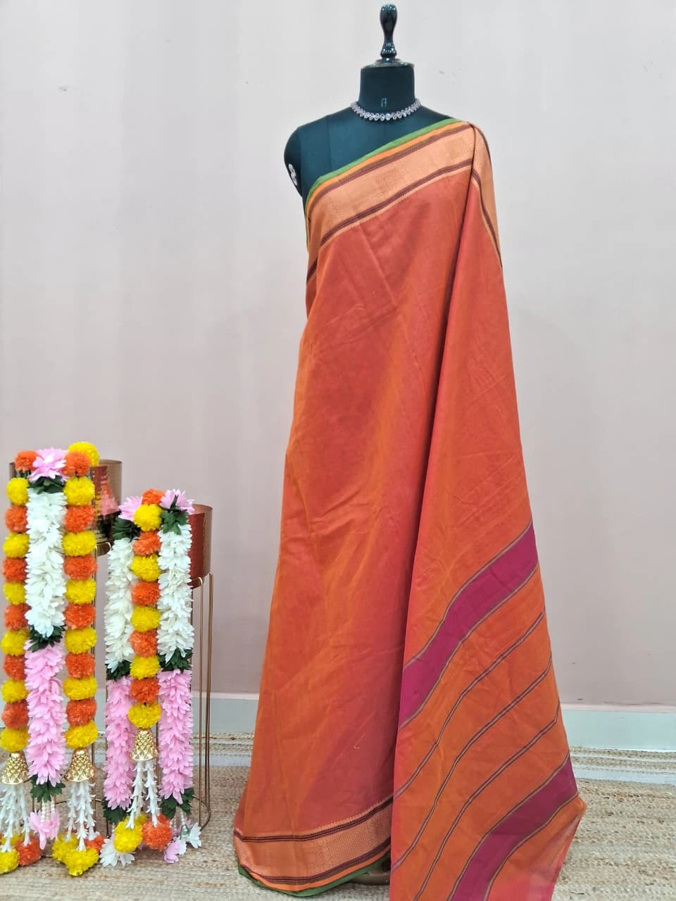 Dark Orange Plain Kanchi Cotton Saree