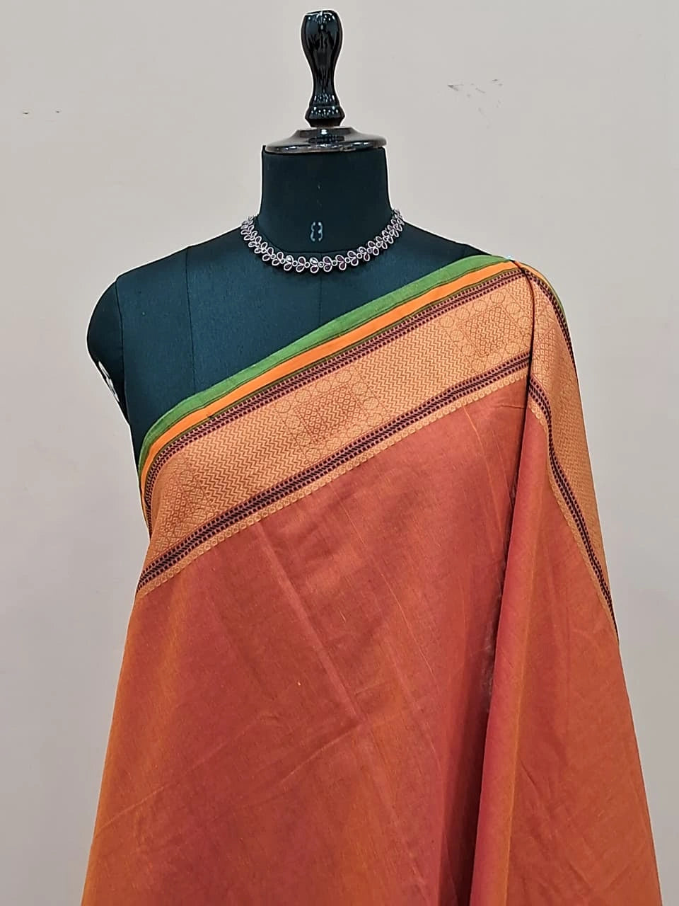 Dark Orange Plain Kanchi Cotton Saree 1