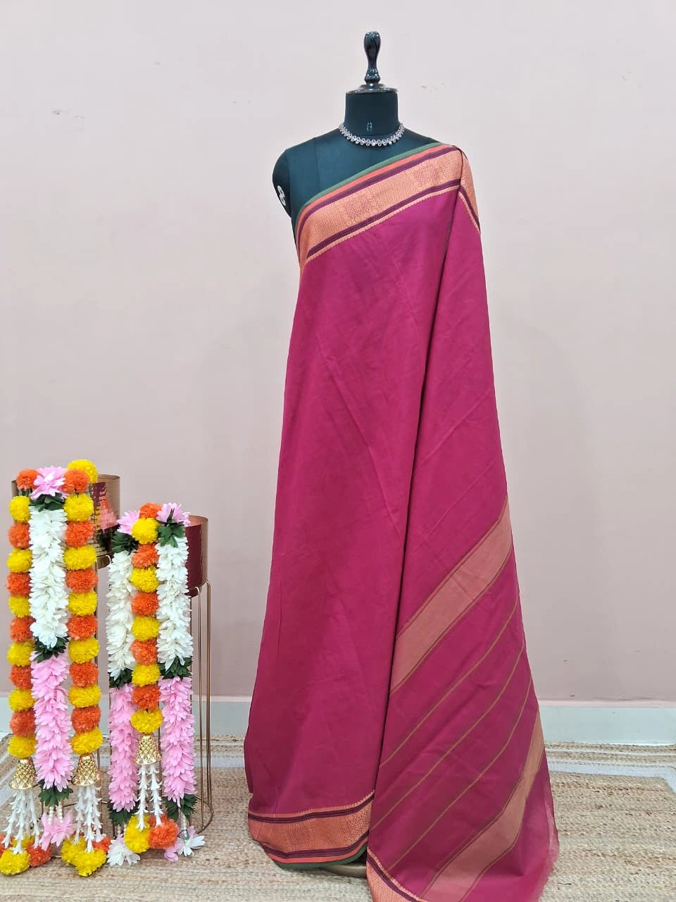 Dark Pink Plain Kanchi Cotton Saree 