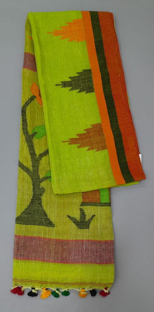 Pista green khadi linen slub effect saree